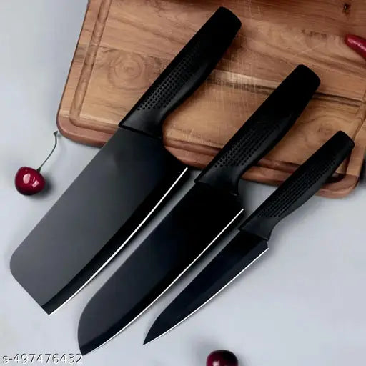 Stainless Steel 3 Pieces Professional Kitchen Knife Set/Meat Knife/Chef Knife with Non-Slip Handle Sharp Manual Sharpening for Home Kitchen/High Carbon Stainless Steel Knife Set(Black with knife cover)
